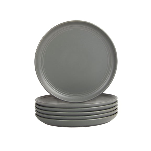 10 Strawberry Street Double Line 8.25" Round Stoneware Salad Plate, Set of 6, Matte Gray