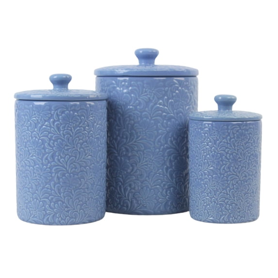 10 Strawberry Street Fleur Embossed 3 Piece Ceramic Canister Set, Denim Blue