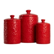 10 Strawberry Street Fleur Embossed 3 Piece Ceramic Canister Set, Red