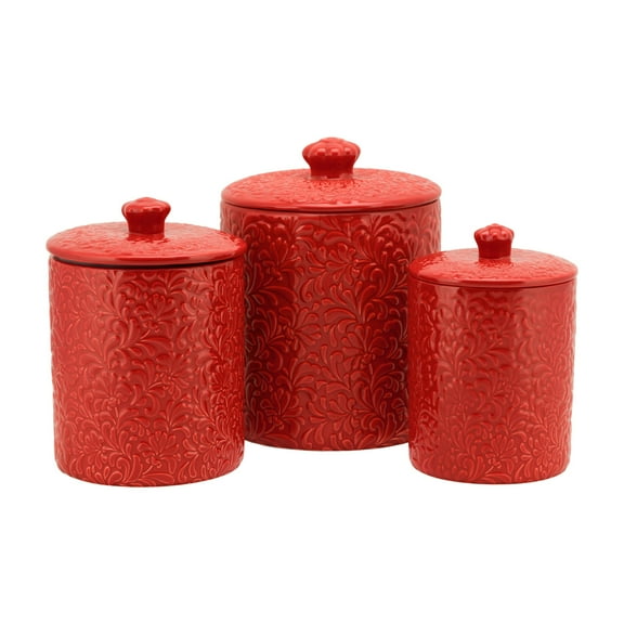10 Strawberry Street Fleur Embossed 3 Piece Ceramic Canister Set, Red