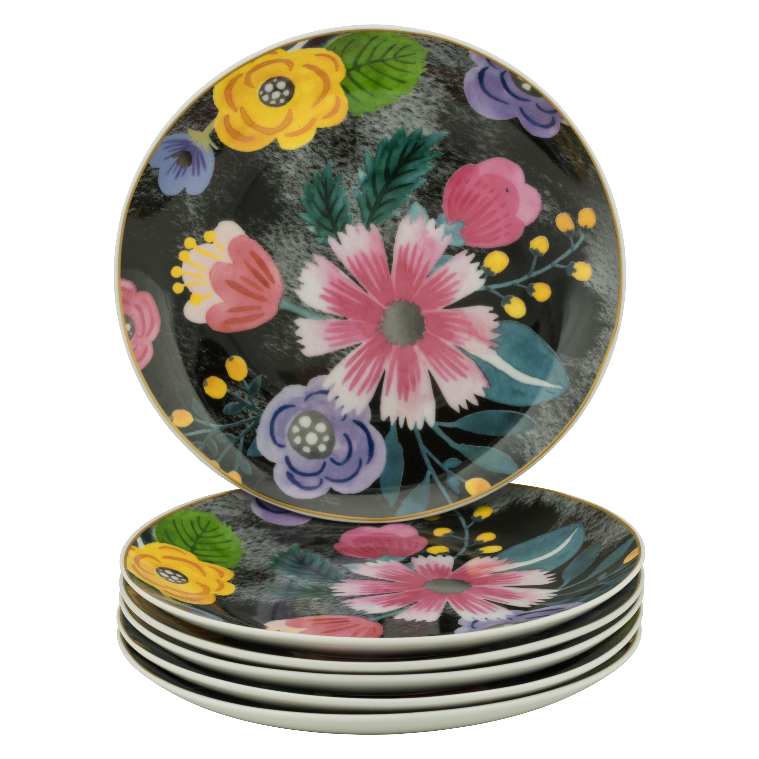 10 Strawberry Street Floral Ceramic Salad Plate, Set of 6, Black