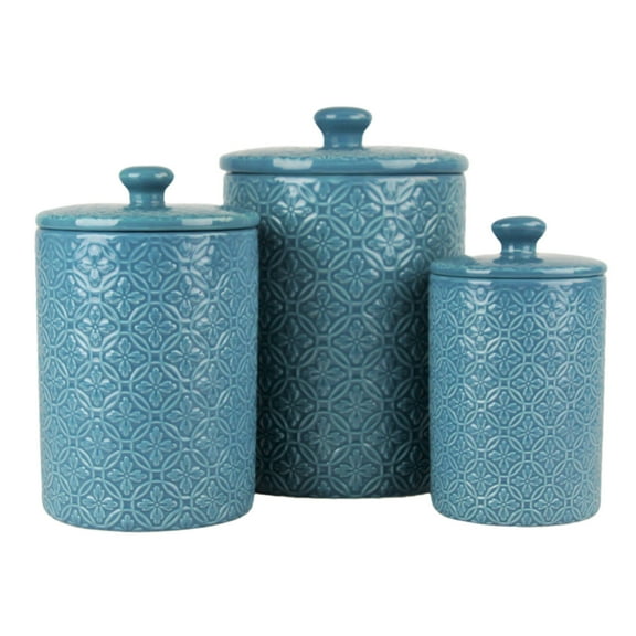 10 Strawberry Street Hampton Embossed 3 Piece Ceramic Canister Set, Teal