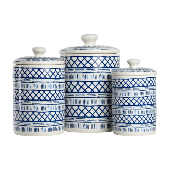 10 Strawberry Street Marina 3 Pieces Ceramic Canister Set, White, Blue