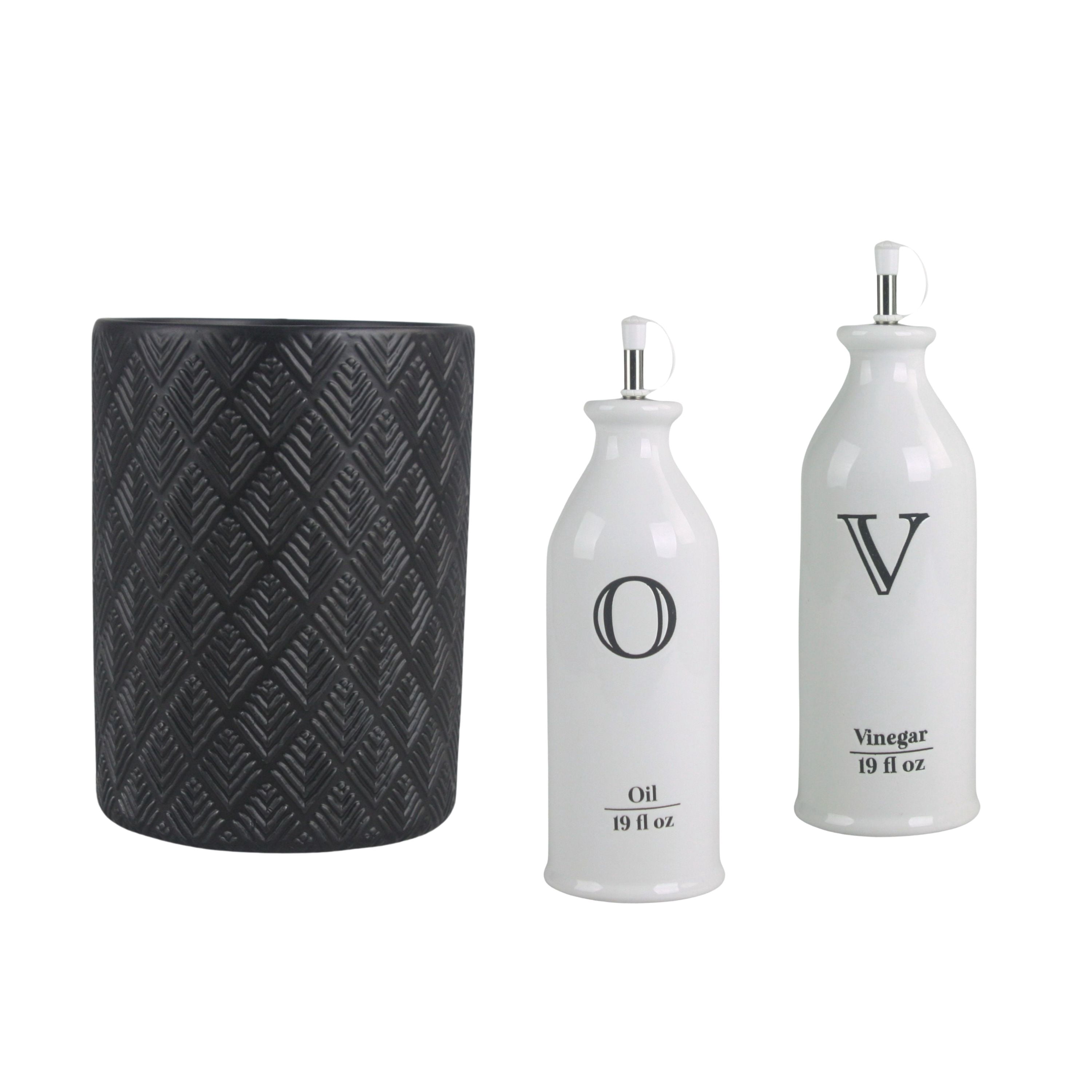 10 Strawberry Street Marquis Matte Black Embossed Utensil Crock with Oil/Vinegar Bottle Set