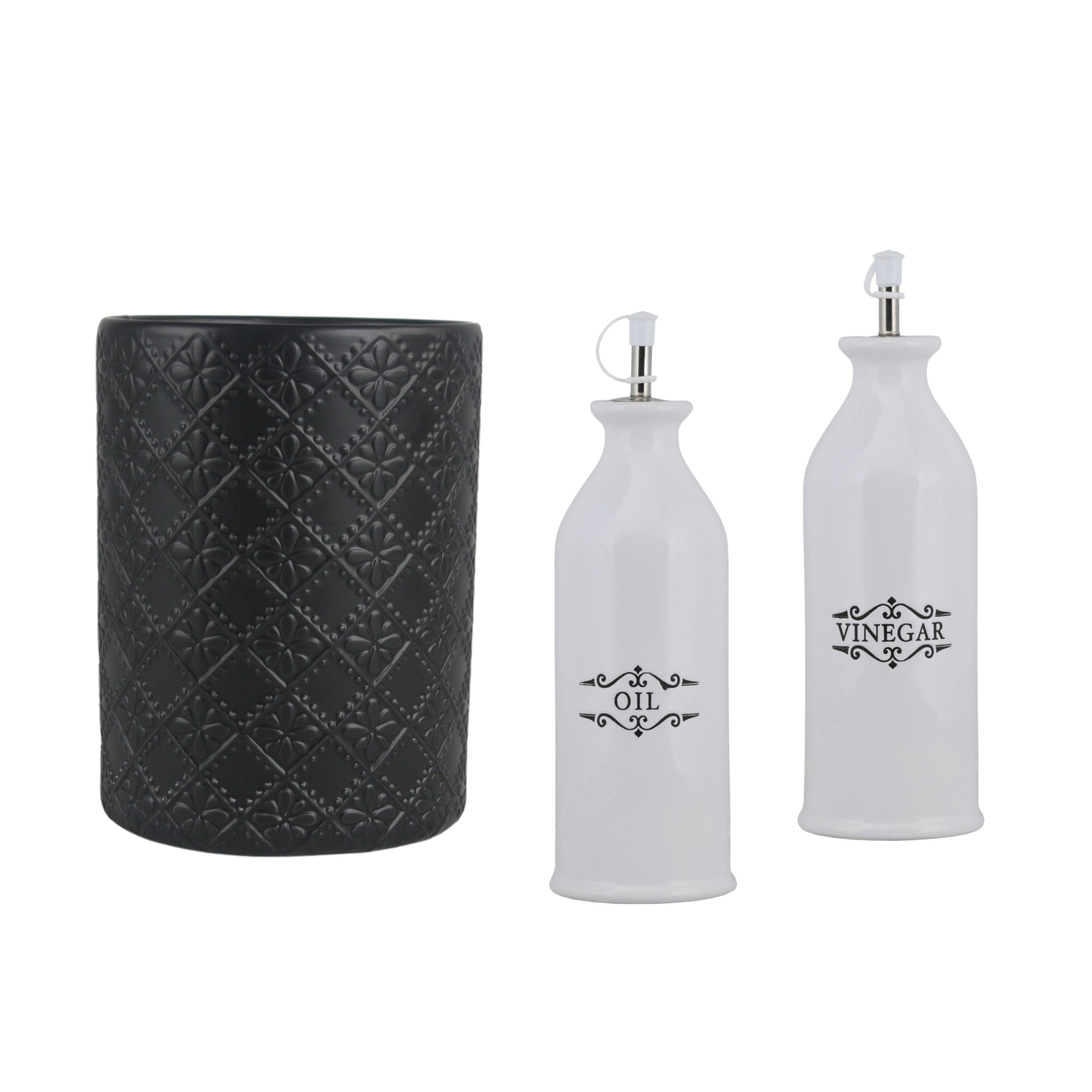 10 Strawberry Street Mesa Matte Black Embossed Utensil Crock with Oil/Vinegar Bottle Set