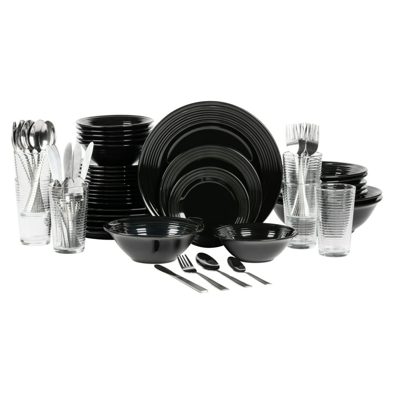 10 Strawberry Street Nova Black Round 62 Piece Dinnerware Set Service for 6