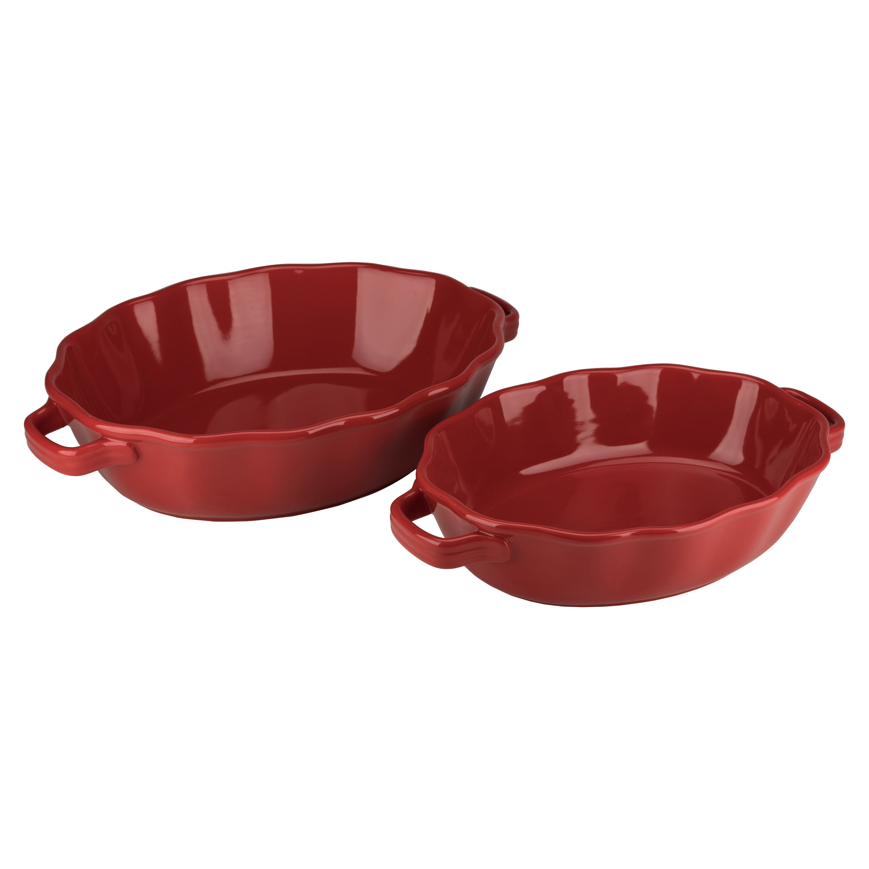 10 Strawberry Street Ruffled Oval Ceramic Bakers Set of 2, Red