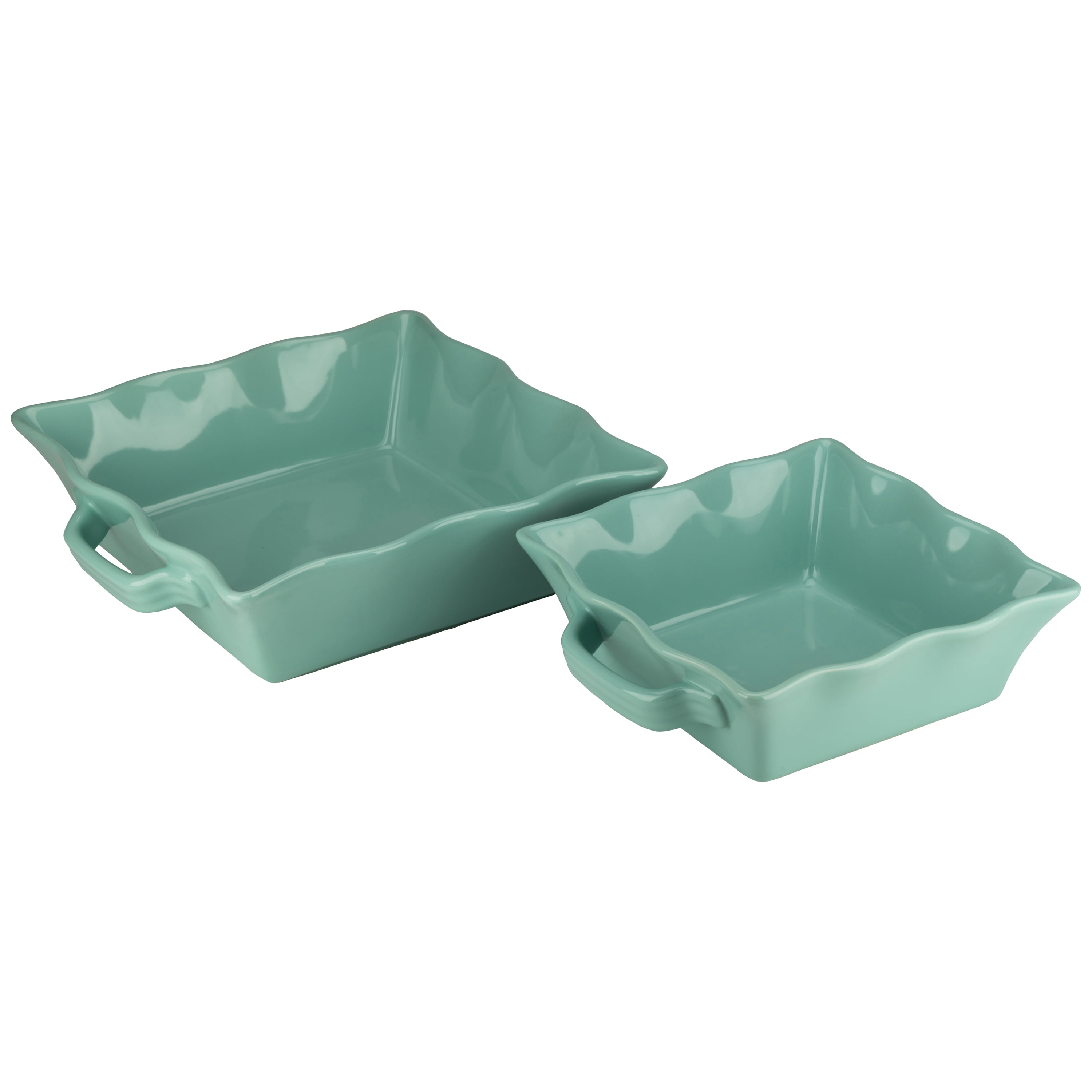10 Strawberry Street Ruffled Square Ceramic Bakers Set of 2, Turquoise