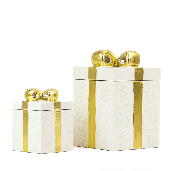 10 Strawberry Street Set of 2 Gift Box Cookie Jars with Gold Ribbon