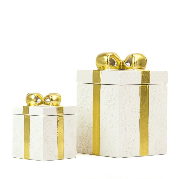 10 Strawberry Street Set of 2 Gift Box Cookie Jars with Gold Ribbon