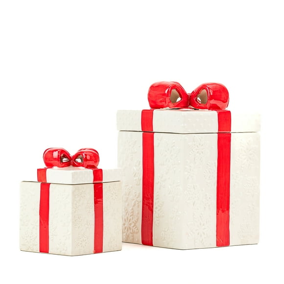10 Strawberry Street Set of 2 Gift Box Cookie Jars with Red Ribbon