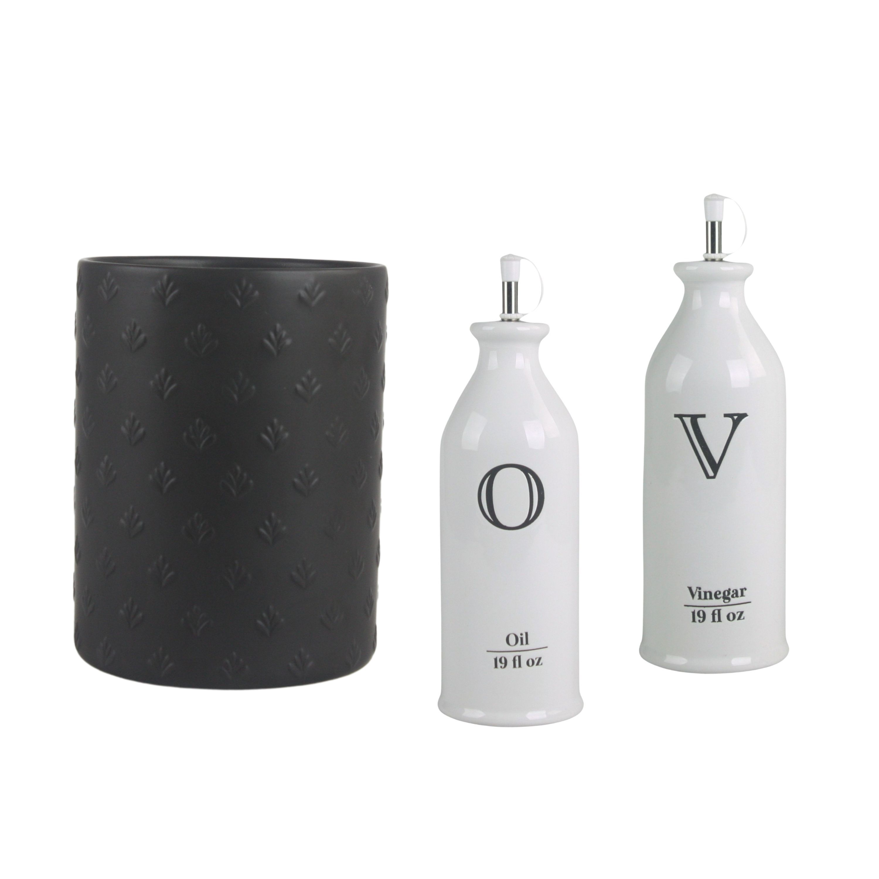 10 Strawberry Street Sprout Matte Black Embossed Utensil Crock with Oil/Vinegar Bottle Set