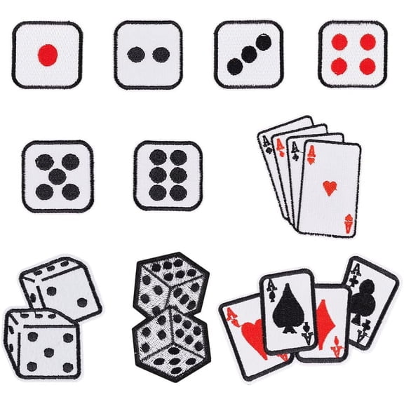 10 Style Dice Poker Ace Clothes Patch Iron on Embroidered Applique Roll of Dice Embroidered Applique Playing Card Gaming Applique Patches for Jeans Hats Bags Jackets Shirts Clothing DIYMixed Color