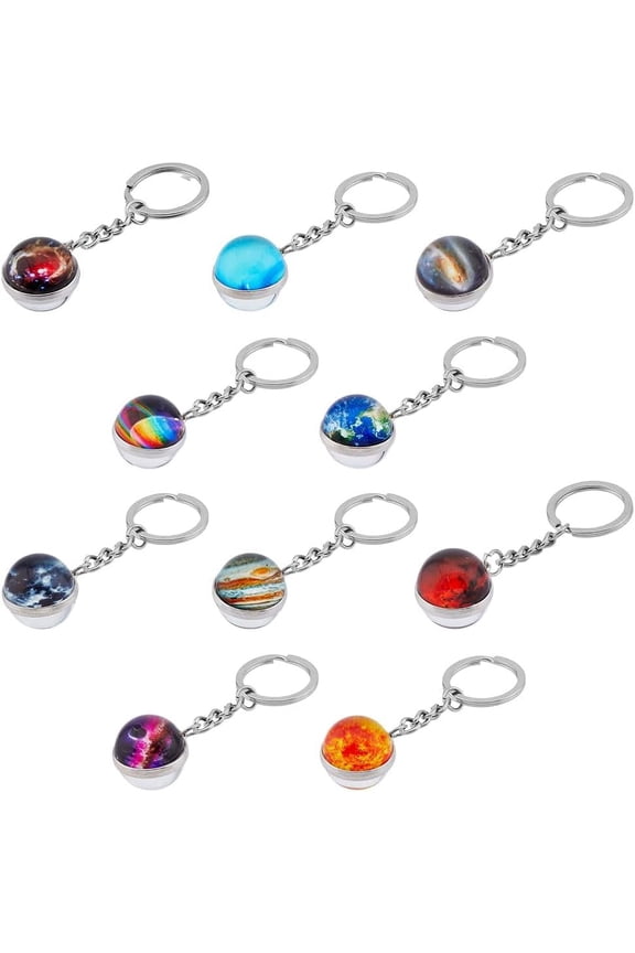 10 Style Planet Theme Alloy Keychain Luminous Universe Key Ring Celestial Key Holder Double-sided Glass Ball Keychain Galaxy Key Charms Space Enthusiasts Gifts for Pendant Accessories Mixed Color