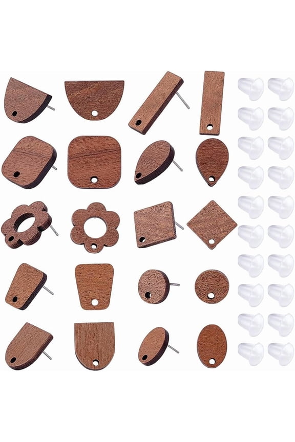 10 Style Wooden Earring Stud Post 40Pcs Walnut Wooden Earring Findings with Loop Flower Round Teardrop Square Ear Pin Studs with Soft Clear Ear Backs for Jewelry Making for DIY