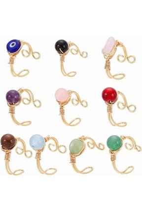 10 Styles 10Pcs Adjustable Wire Wrapped Rings Irregular Gemstone Rings Set for Women Stackable Fashion Ring Set Gem Ring Light Gold Wire Wrapped Rings 18mm