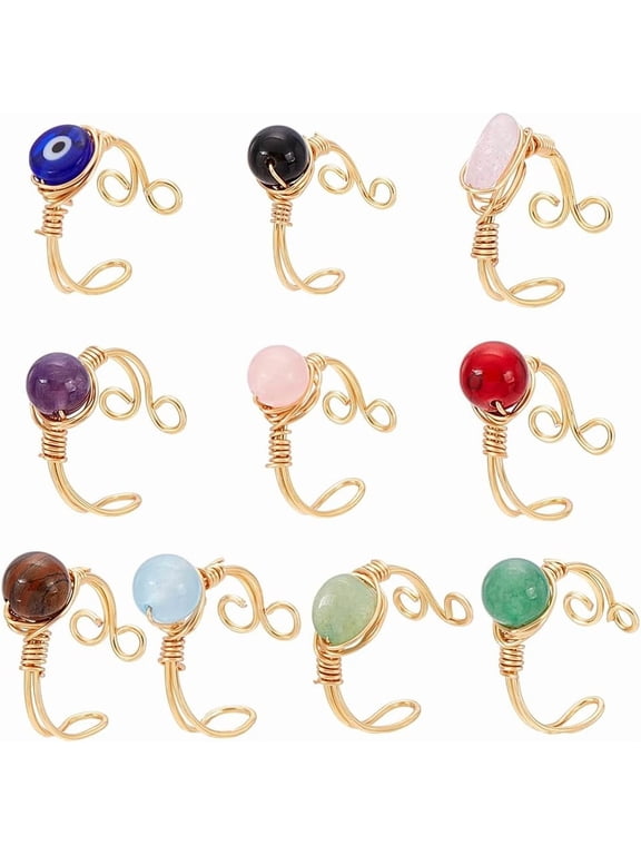 10 Styles 10Pcs Adjustable Wire Wrapped Rings Irregular Gemstone Rings Set for Women Stackable Fashion Ring Set Gem Ring Light Gold Wire Wrapped Rings 18mm Gold