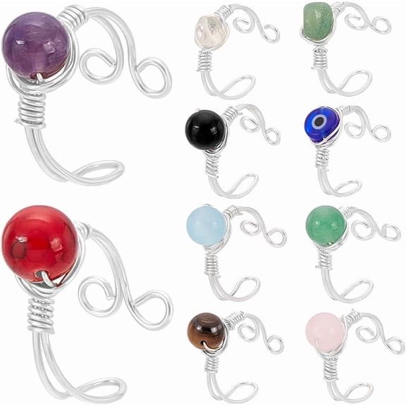 10 Styles 10Pcs Adjustable Wire Wrapped Rings Irregular Gemstone Rings Set for Women Stackable Fashion Ring Set Gem Ring Light Gold Wire Wrapped Rings 18mm Silver