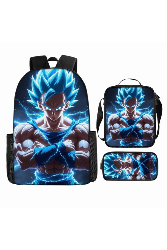 10 Styles Anime Warrior Print 17" 3-Piece Backpack Set, Casual Daypack with Lunch Bag & Pencil Case