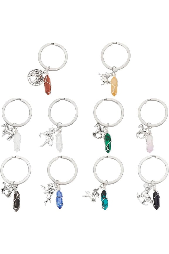 10 Styles Gemstone Pendant Keychain with Alloy Fairy Horse Charm 22x6mm Wire Wrapped Natural Stone Keyring Energy Stone Keychain DIY