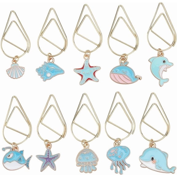 10 Styles Sea Ocean Paperclip Bookmarks Metal Paper Clips Starfish Shells Jellyfish Marine Reading Reader Pendant Charm Gold Book