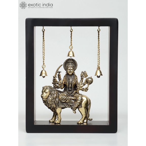 10" Superfine Goddess Durga (Sherawali Maa) with Dangling Bells | Wood Framed Brass Sculpture | Wall Hanging