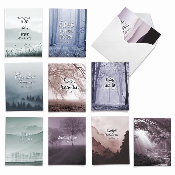 The Best Card Company 10 Assorted Sympathy Notes Set 4x5.12 w/ Envelopes, 10x1 Designs, for Men, Women, Misty Moments AM9154SMG-B1x10