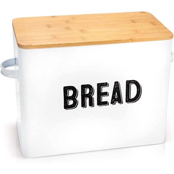 10" Tall Vintage-Inspired Farmhouse Metal Bread Keeper Box Storage Container with Bamboo Wooden Lid and 2 Handles, White
