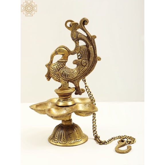10" Temple Hanging Mayura Lamp In Brass