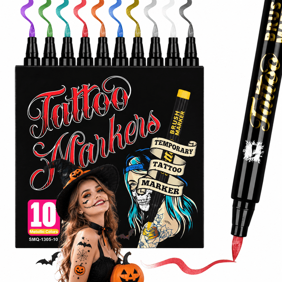 10 Temporary Tattoo Markers for Skin, Assorted Metallic Colors, Flexible Brush Tip, Easy to Remove, Skin-Safe Body Art Pens for Teens and Adults, Parties and Face Painting