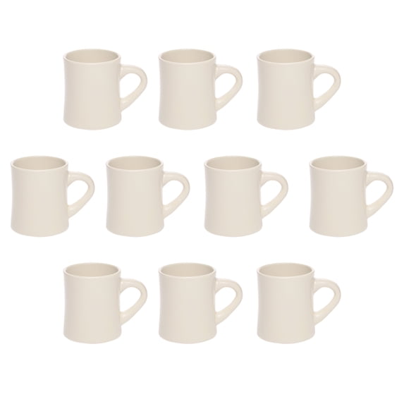 10 Thick Grip Glossy Ceramic Diner Mugs Set, 12 oz. - Stoneware, Smooth, Easy Grip - Ivory