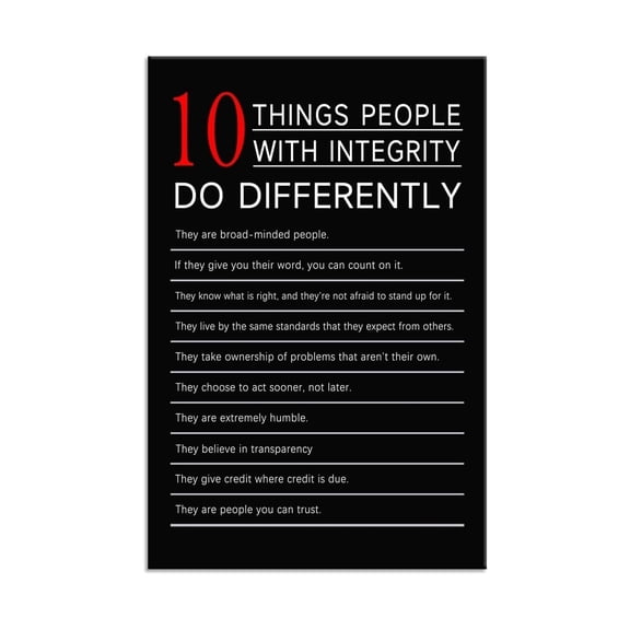 10 Things People with Integrity Do Differently Canvas Wall Art, Motivational Poster for Classroom and Office, Inspirational Print on Ethical Living for Modern Home and Study Room