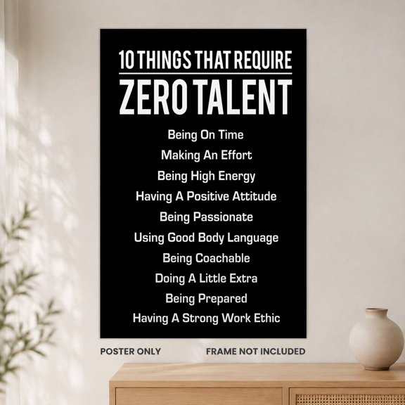 10 Things That Require Zero Talent Black and White Motivational Typography Unframed Wall Art Poster for Office or Workspace Wall
