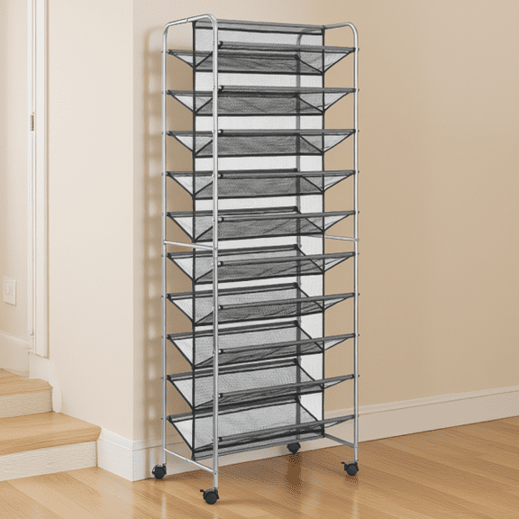 10-Tier 2-Sided Rolling Shoe Rack with Locking Wheels and , Holds Up to 60 Pairs