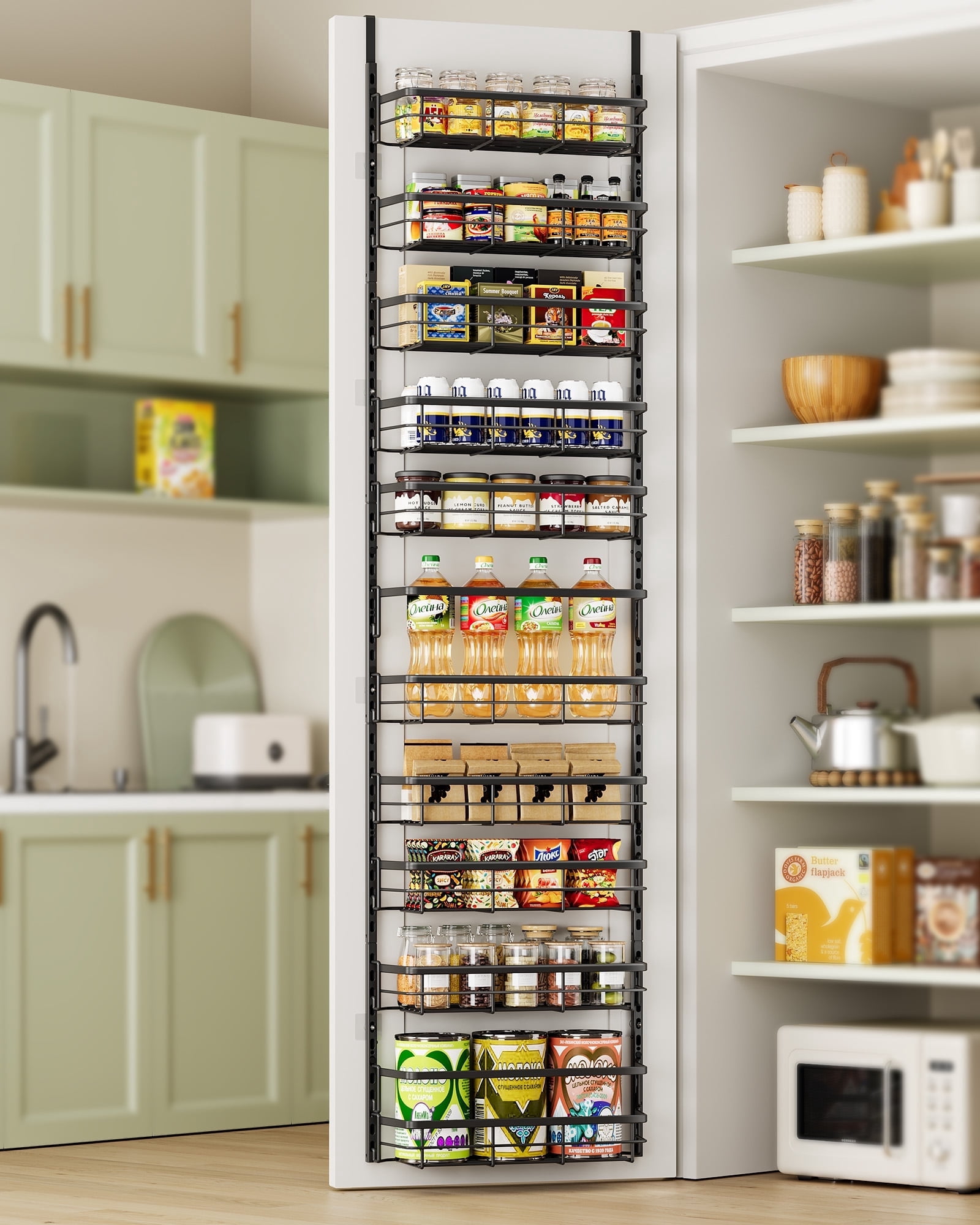 10-Tier Adjustable Over the Door Pantry Organizer with 2 Sets Hooks Fits Most Doors, Hanging Spice Rack for Pantry Door Organizer And Storage, Black