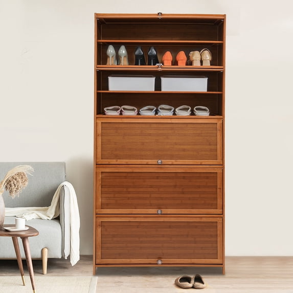 10-Tier Bamboo Shoe Cabinet – 11 Tier Storage, Flip-Up Doors, 33 lbs Per Shelf, Multi-Use Floor Standing Cabinet for Living Room, Bedroom, Garden