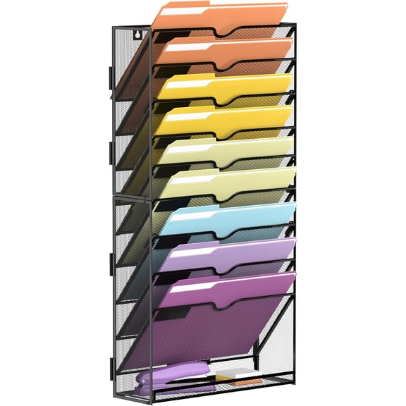 INTIGE 10-Tier Desktop Organizer Hanging Wall File Holder for Papers, Wall file folder Magazine Organization Great for Office Home, Black