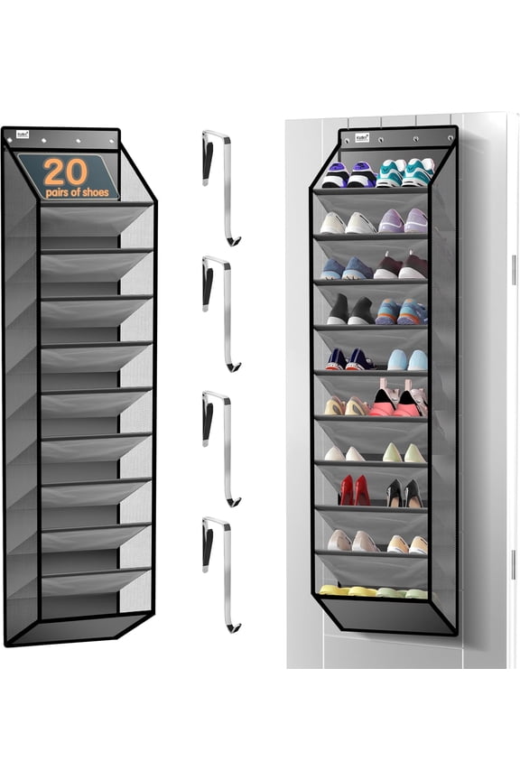 10 Tier Over The Door Organizer - Heavy Duty Hanging Storage Rack with Sturdy Oxford Fabric, Holds 20+ Pairs of Footwear, Boots & Sneakers, Saves 50% Closet Space (Gray)