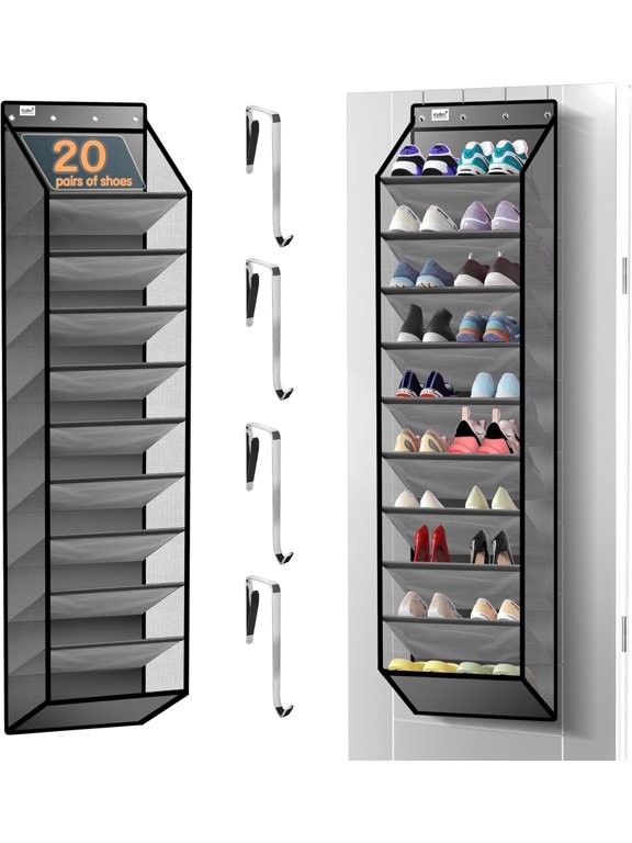 10 Tier Over The Door Organizer - Heavy Duty Hanging Storage Rack with Sturdy Oxford Fabric, Holds 20+ Pairs of Footwear, Boots & Sneakers, Saves 50% Closet Space (Gray)