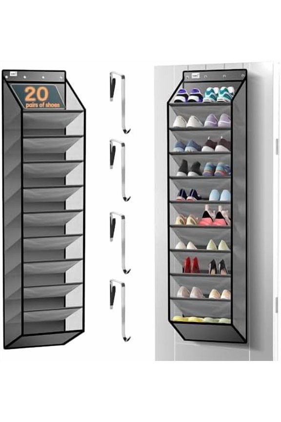 10 Tier Over The Door Organizer - Heavy Duty Hanging Storage Rack with Sturdy Oxford Fabric, Holds 20+ Pairs of Footwear, Boots & Sneakers, Saves 50% Closet Space (Gray)