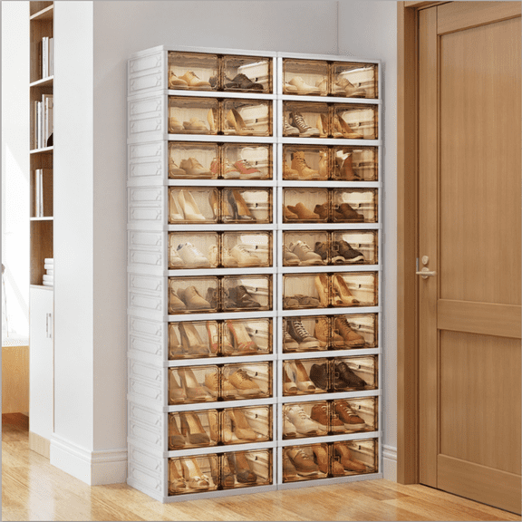 10-Tier Foldable Shoe Rack Organizer, 40 Pairs Stackable & Collapsible Shoe Cabinet with Transparent Doors & Leather Handles, Space-Saving Storage for Closet, Kitchen, Cabinet (No Boots Tier)