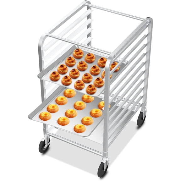 10-Tier Full/Half Sheet Pan Rack, Aluminum Bakery Rack, Speed Rack, Bakers Rack with Lockable Wheels for Home Commercial Kitchen, Restaurant, Cafeteria, Dessert Shop, 20" W x 26" D x 38" H