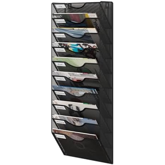 10 Tier Hanging Wall File Holder, Metal A4 Wall Mounted Document Holder, Vertical Hanging Mail Organiser, Magazine Storage Rack for Office Home Classroom, Black