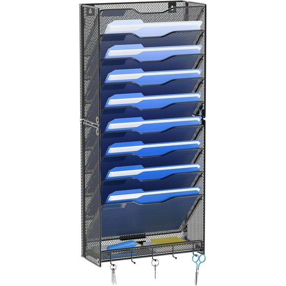 10 Tier Hanging Wall File Organizer Wall Mount Paper Document Folder Holder with Hooks for Home Office Organization