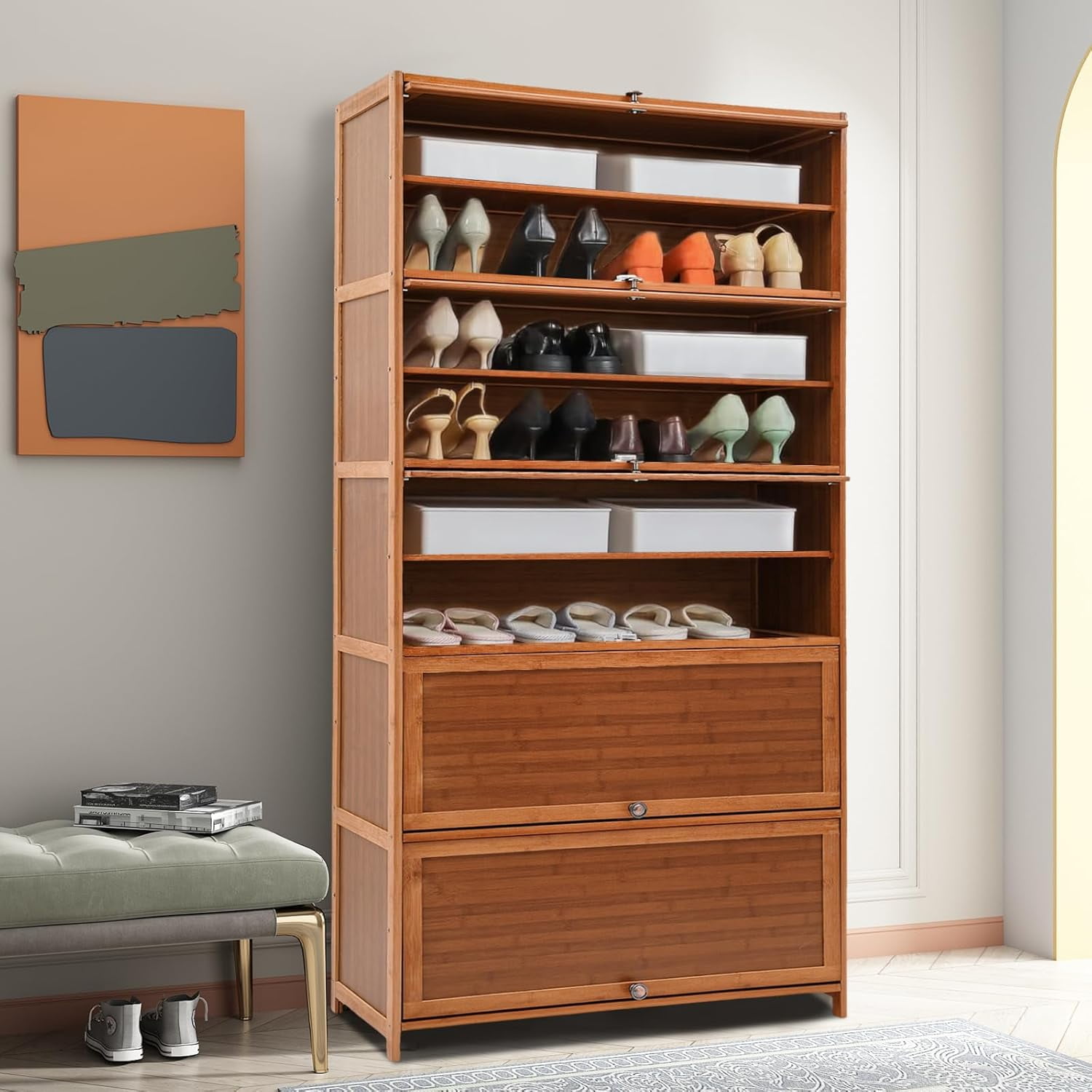 Bamboo Shoe Rack For Closet Floor - 2 Tier Long Shoe Organizer Holds 15-20 Pairs, 49" X 11" X 17"