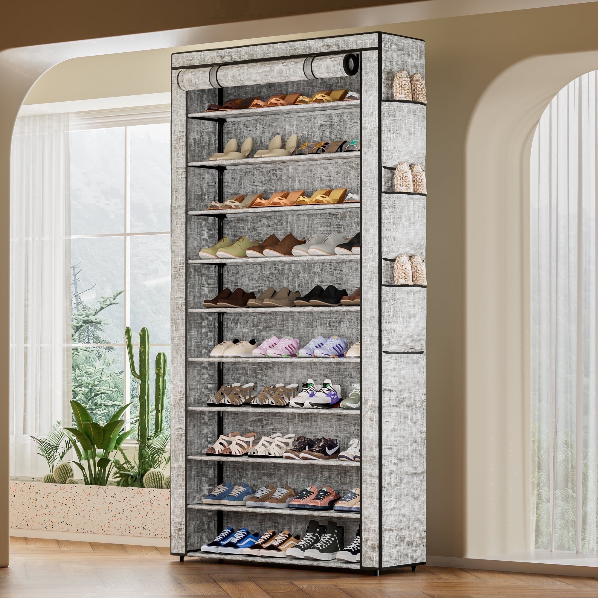 10 Tier Large Capacity Dustproof Shoe Cabinet 50-55 Pairs, Tall Shoes Storage Rack with Fabric Cover for Closet, Dorm, etc