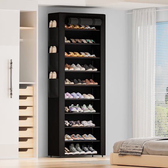 10 Tier Large Dustproof Shoe Cabinet, Tall Shoe Storage Rack with Fabric Cover, Large Capacity Save Space Shoe Shelf for Entryway Closet with pockets