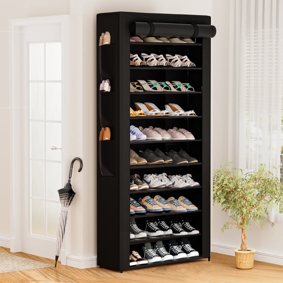 10 Tier Large Dustproof Shoe Cabinet, Tall Shoe Storage Rack with Fabric Cover, Large Capacity Save Space Shoe Shelf for Entryway Closet with pockets