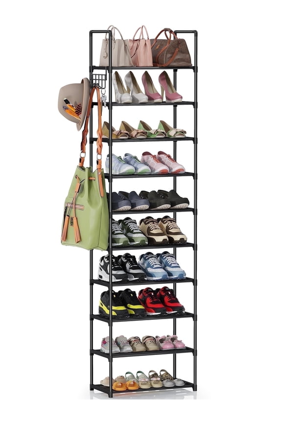 10 Tier Metal Shoes Rack, Bug Hull Narrow Stackable Shoes Shelf with Hooks, Shoe Tower for 20-24 Pairs Shoe and Boots Organizer, Black