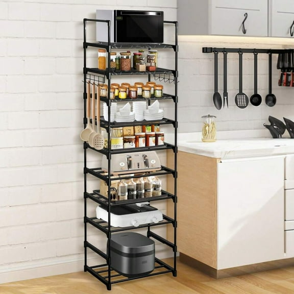 10-Tier Modular Metal Kitchen Organizer - Heavy Duty Space-Saving Storage Rack with Adjustable Hooks for Spices, Cookware, Small Appliances | Matte Black Pantry Cabinet Organizer (Small Space Solutio